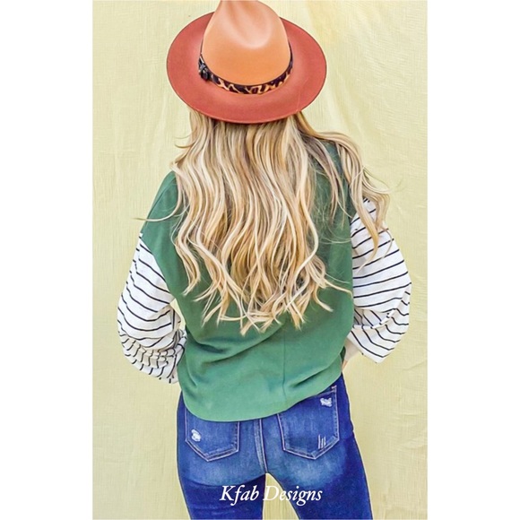❤️LAST 1! V Neck Kelly Green Stripe Contrast Ballon Sleeve Soft Knit Top! - Picture 10 of 11